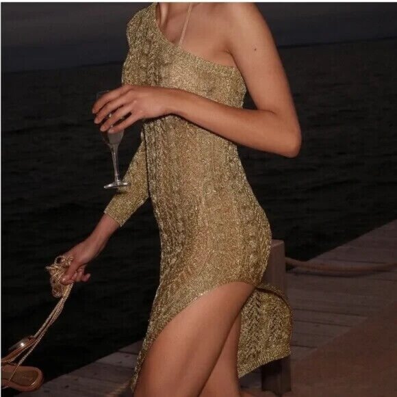 Anthropologie Maeve Swim Cover Up Gold Metallic One Shoulder NWT - Picture 1 of 14